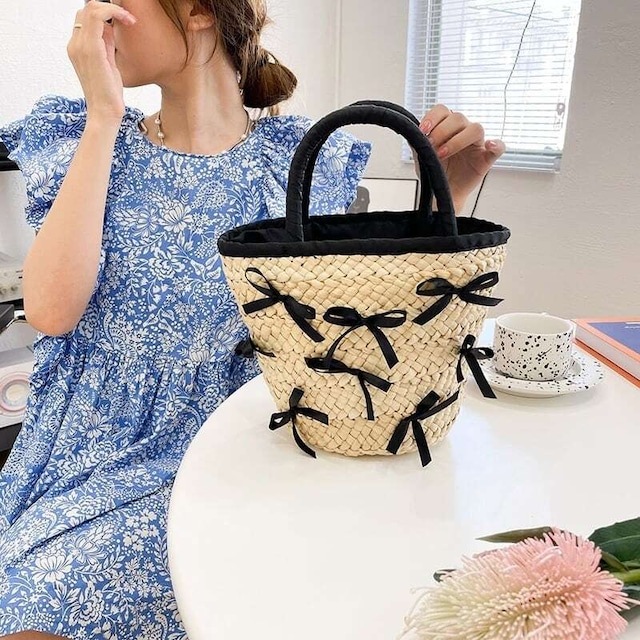 レディース リボン ストローバッグ かごバッグ カバン ガーリー 大人可愛い ママコーデ 韓国系