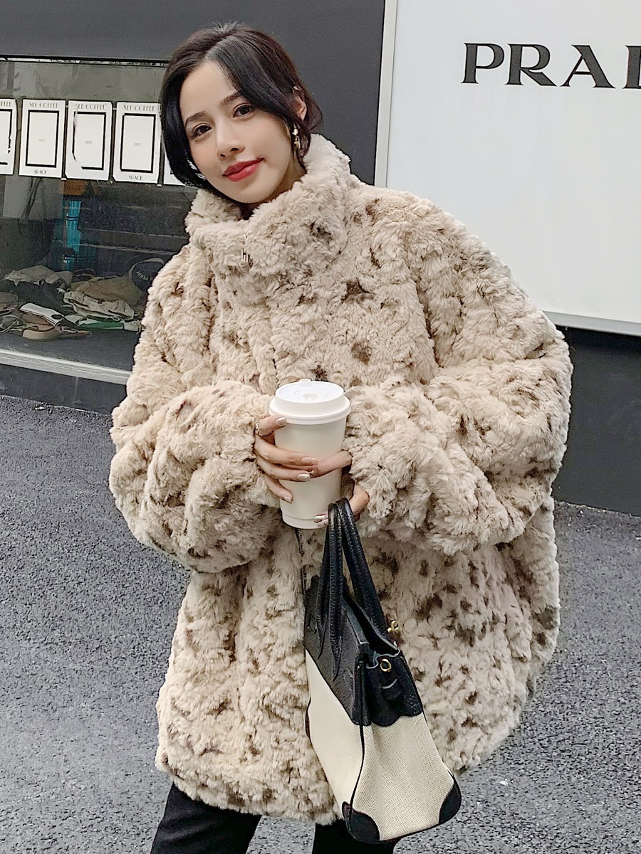 アウターレディース 新作ヒョウ柄 ブラシファー コート 秋冬 ウサギ毛斑 ゆったり モコモコ服