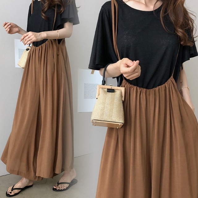 サロペット パンツ レディース 大きいサイズ オーバーオール ワイドレッグ パンツ ロング丈 サスペンダー ポケット付 袖なし ブラック ブラウン