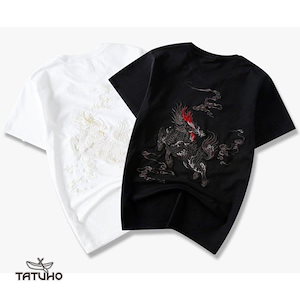 ペアルックTシャツ メンズ tシャツ和風トップス恋人ペア半袖レディース ティシャツT-shirt麒麟柄 刺繍 スウェット上着カッコイイ和柄 中華風 全店二点