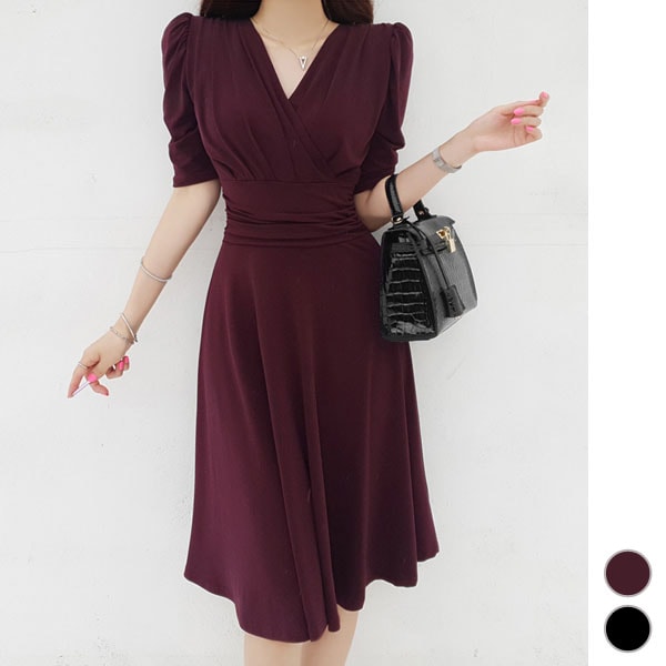 ワンピース レディース 五分袖 カシュクール シャーリング Vネック ハイウエスト フレア 膝丈 ひざ丈 エレガント 上品 春 夏 韓国 メール便可 to22064