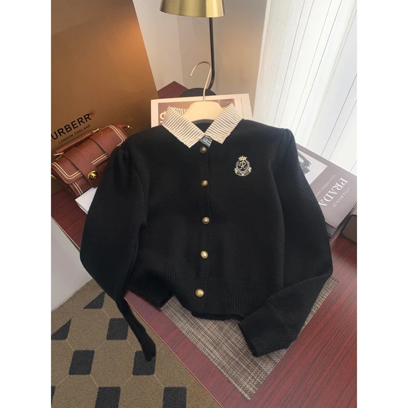 女性用ニットカーディガン,特大セーター,ポロシャツカラー,長袖,プレッピースタイル,フレンチスタイル,韓国ストリートウェア,秋冬