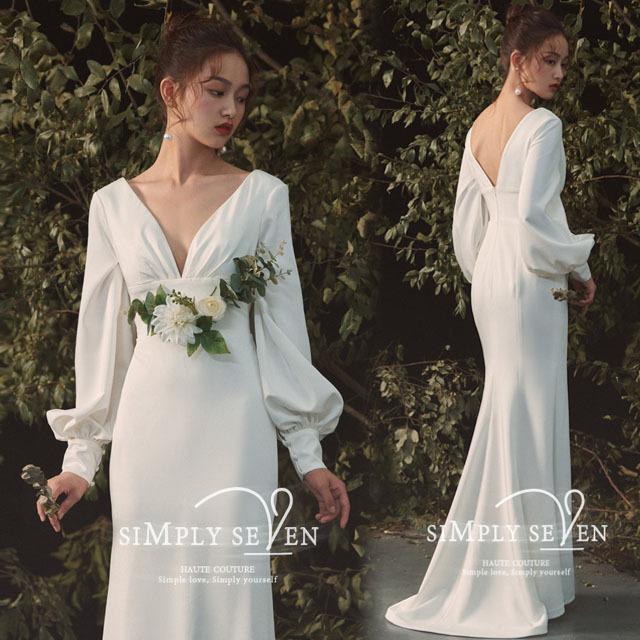 ウエディングドレス マーメイド サテンドレス 結婚式 二次会 イブニングドレス 袖あり Vネック パフスリーブ 長袖 ロング丈 ドレス ブライダル 花嫁 撮影