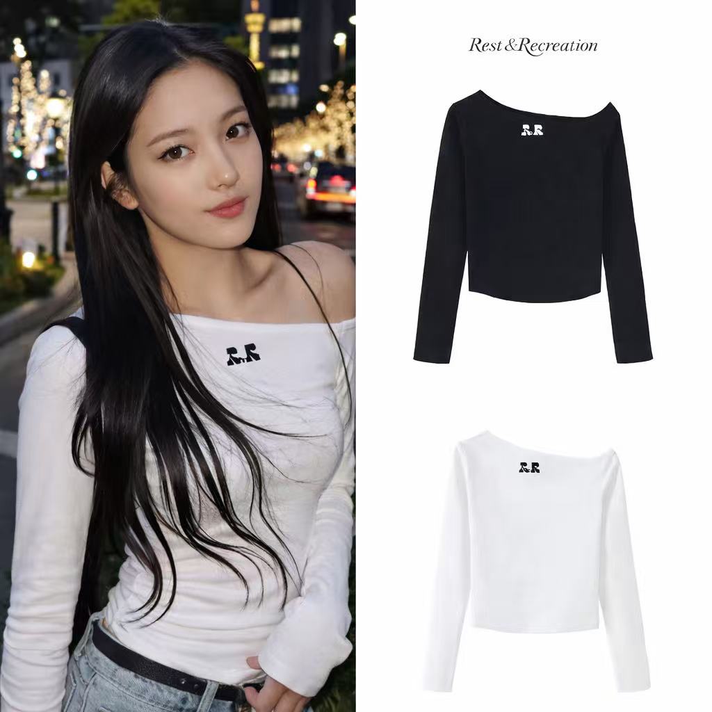新品！Rest&Recreation 長袖 Tシャツ 韓国 人気 ワンショルダー Tシャツ（ブラック/ホワイト）