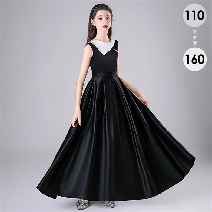 2025ピアノ発表会 ドレス 子供 女の子 ブラック ホワイト 発表会ドレス ノースリーブ 子ども ワンピース お祝い日 演奏会 音楽会 フォーマル 誕生日 撮影 パーティー ジュニア キッズ ロング