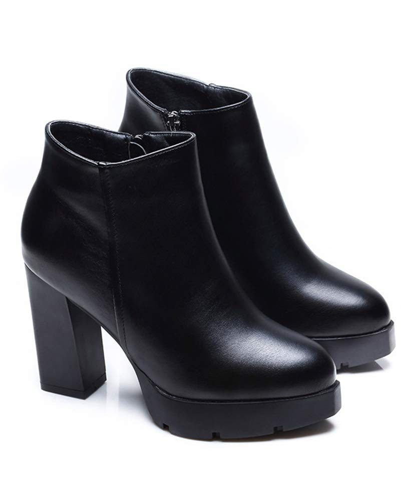 [チェリーレッド] レディース 厚底 太ヒール ブーツ ショートブーツ 歩きやすい シンプル ブーティ サイドファスナー 37 ブラック Black(ヒール高さ7cm) 23.5 cm