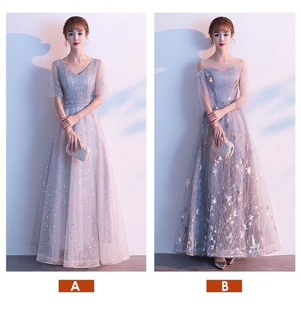 ワンピースドレスドレス透け感 同窓会 大人 編み上げタイプ ロング 成人式 結婚式 ピアノ キラキラ 肩出し ロングドレス ピアノ発表会 袖付き 発表会 星柄 Vネック 母親 フリル袖 ドレス パ