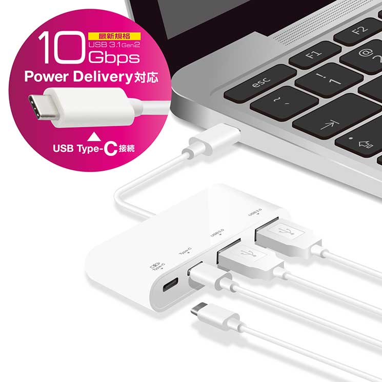 USBHUB USB3.1(Gen2) USB Power Delivery対応 Type-Cコネクタ Aメス2ポート Cメス2ポート ホワイト