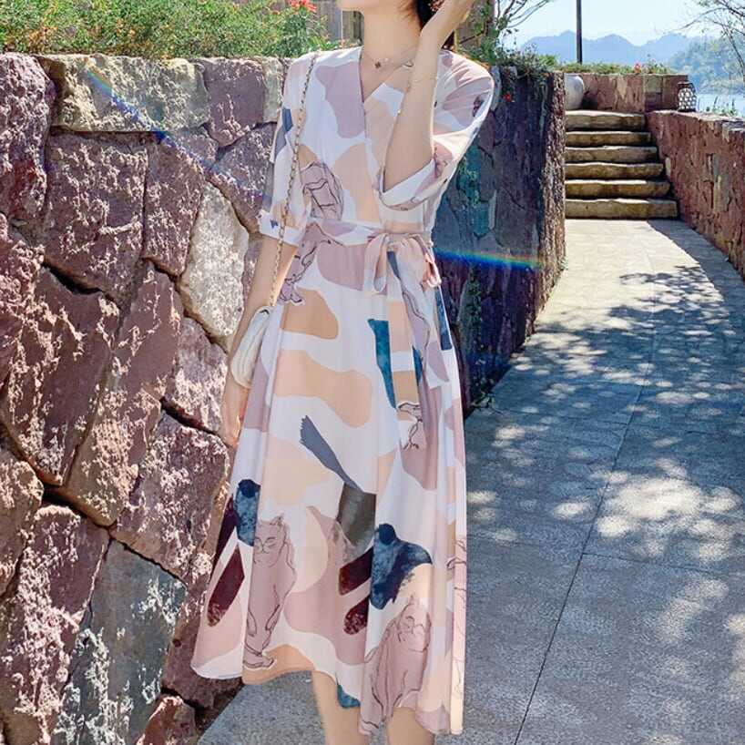 ワンピース 上着 人気 おすすめ おしゃれ お洒落 激安 安い プチプラ 長袖 ロング Vネック ふんわり Aライン 膝丈 柄 プリント リボン 可愛い かわいい 韓国 シンプル カジュアル