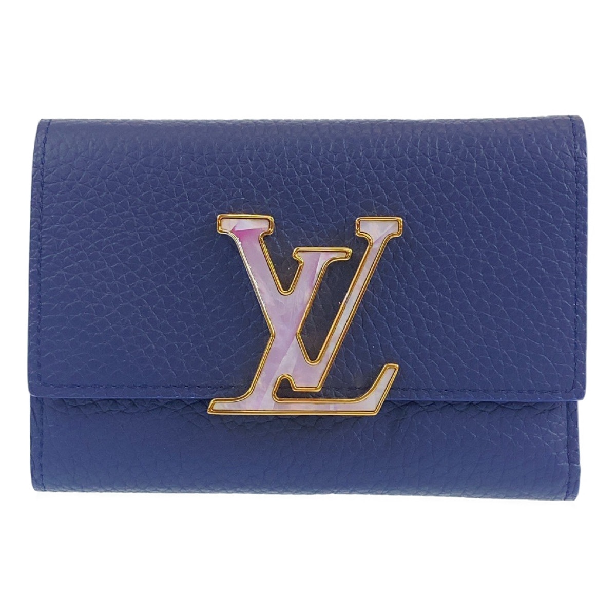 超美品 LVパール トリヨンレザー ポルトフォイユ カプシーヌ コンパクト シェルロゴ 男女兼用 ミッドナイトブルー ネイビー M81674 折財布 コンパクトウォレット レディース 402081