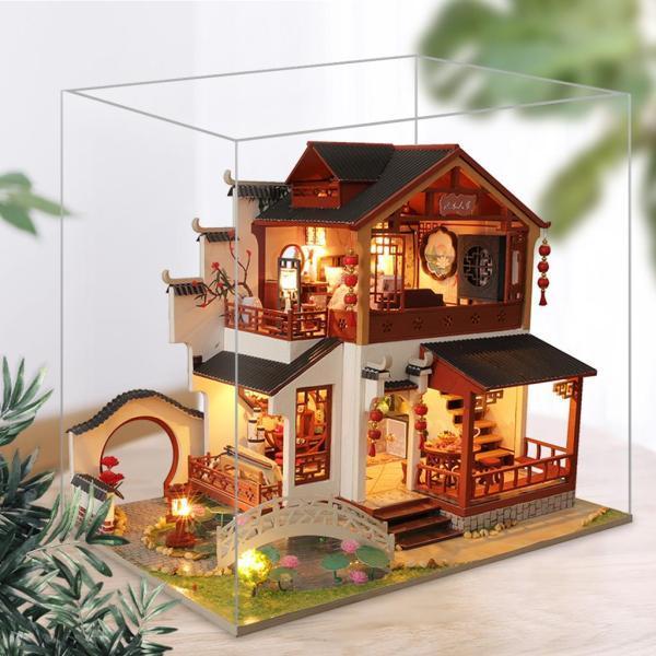 LEDライトウッドドールハウスミニチュア植物飾り防塵カバーキットコテージモデルパズルフェスティバルギフト