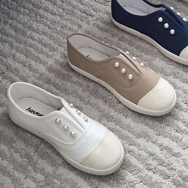 [シューズ] 真珠飾りパンチング 女性 レディース スリッポン スニーカー 1cm/4色 sjaw-pearlben