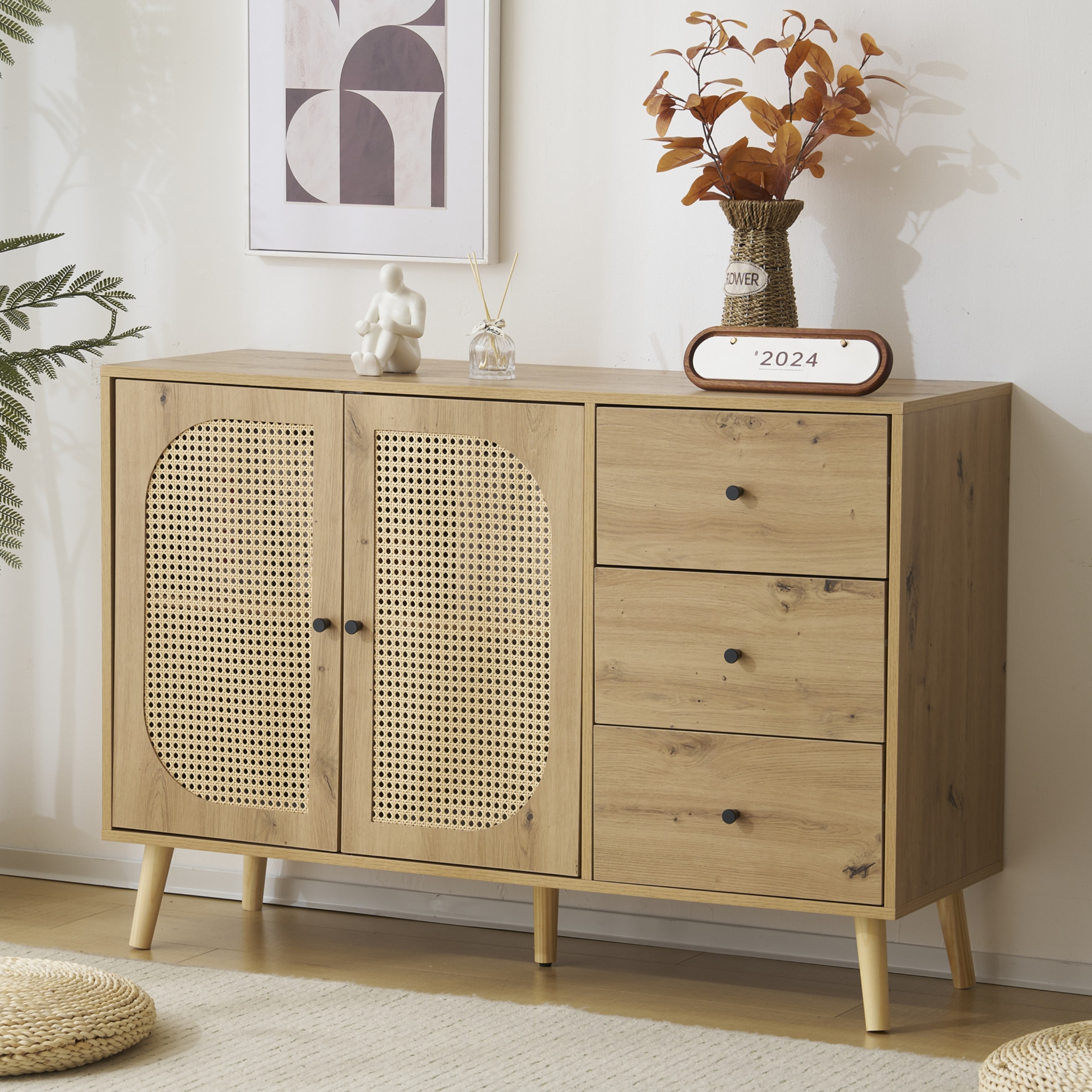 キャビネット サイドボード チェストラタン調 ラタン風 引き出し付き 大容量 収納棚 リビング 収納 ローボード 収納チェスト2段 サイドボード 扉付き リビングボード 洋服 タンス 収納 箪笥 お