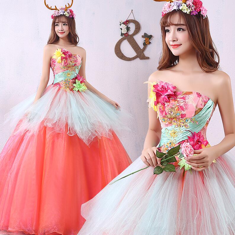 期間限定30%割引 カラードレス ロング ウェディングドレス パーティー ドレス マルチカラー Aライン ボリューム チュチュドレス ふんわり 可愛い 花モチーフ 二次会 前撮り パーティー 発表会