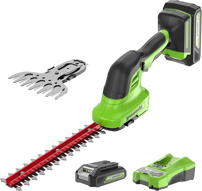 (グリーンワークス) 充電式電動芝生バリカン グリーン バリカン刈幅150mm 切断径20mm 24V 2Ah USBバッテリー・充電器付属 1台2役の草刈り用バリカンブレードと植木剪定用トリマーブレ