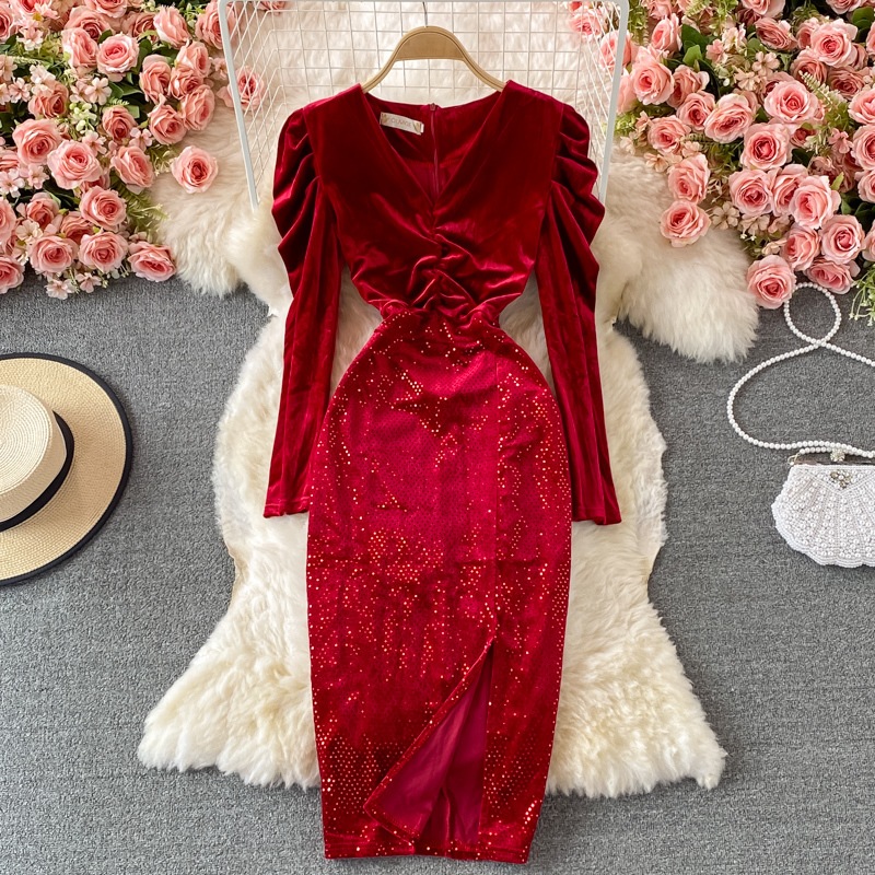 ワンピース レディース タイトワンピース ロング丈 袖あり 長袖 パフスリーブ ボリューム袖