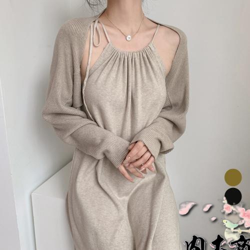 ホルターネックニットワンピース2点セット ロングワンピ キャミワンピ Uネック ボレロニットカーディガン レディース ショート セットアップ 秋冬 上品 きれいめ ワンピ韓国 ニットワンピお洒落 クロ