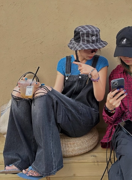 デニムサロペット ワイドパンツ ストレートパンツ ダメージデニム サロペット 春夏 カジュアル メンズライク