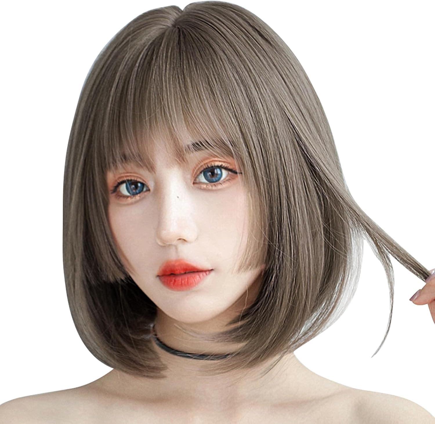 ウィッグ ボブ ショート ストレート 姫カット ぱっつん前髪 耐熱 軽量 ピンクネット付き (樺茶色)