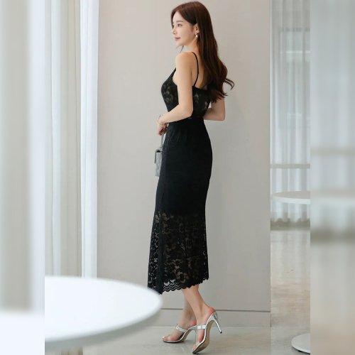 キャバドレス ナイトドレス ミディアムドレス ノースリーブ ワンピース キャミソール 伸縮性 総レース レディース グラシア