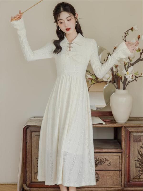 レディース ハイエンド チャイナ風 シック スカート 若年層 女の子 ドレス チャイナドレス レトロ 長袖 アプリコット 婦人 女性用