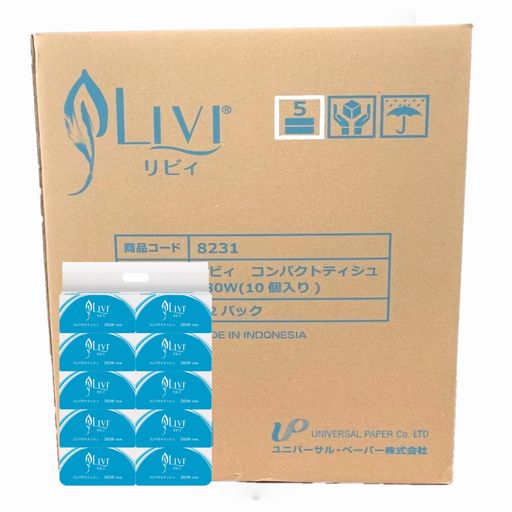 【ケース販売】ユニバーサル・ペーパー 業務用ハーフサイズコンパクトティッシュペーパー 180組(360枚) 10個入 X 12パック ホワイト