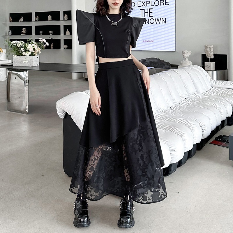 暗い風スプライシングガーゼネット半身スカート女性夏薄いセクションハイウエスト表示薄い個性気質一言スカート