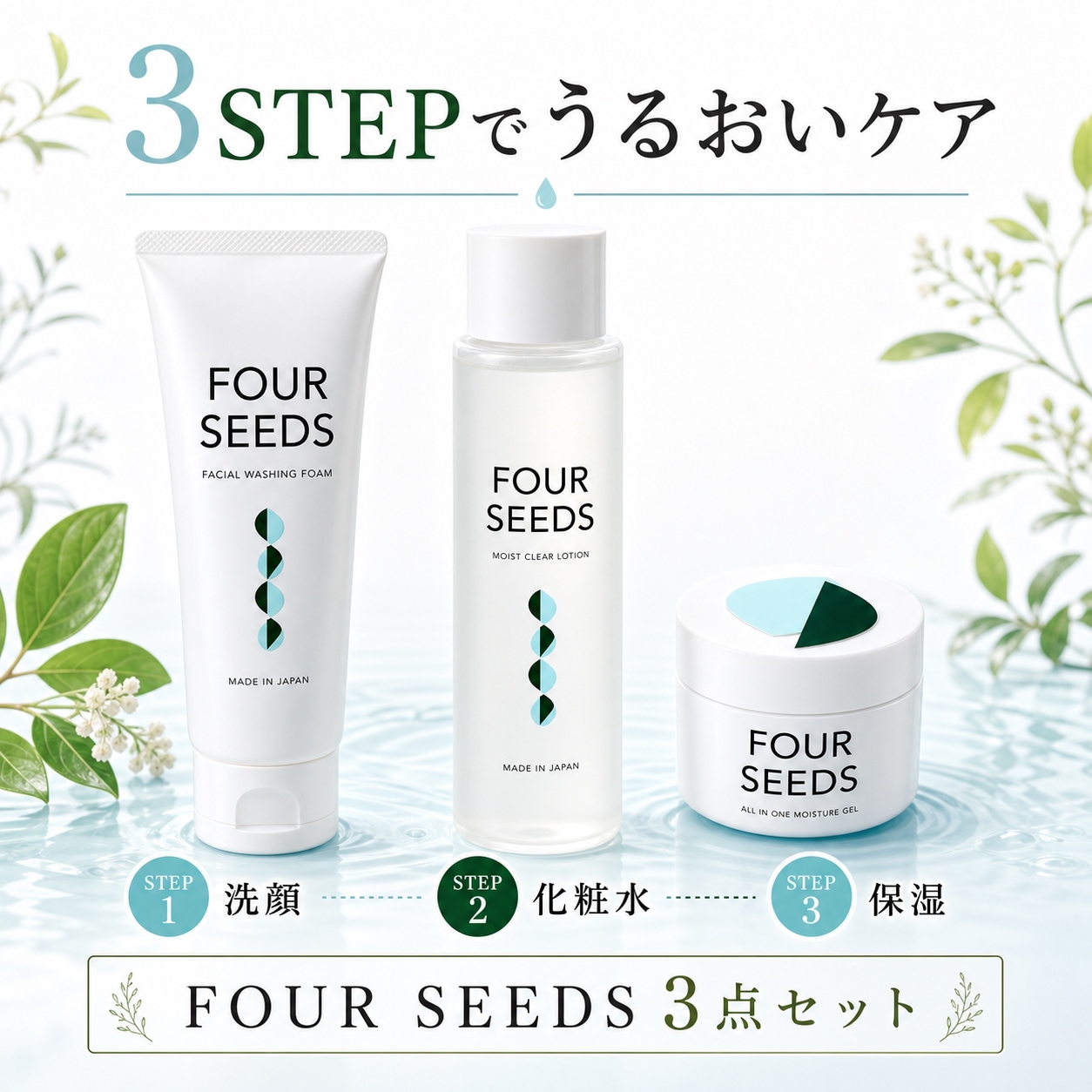 日本製 FOUR SEEDS 3点セット フォアシーズ フェイシャルウォッシングフォーム 洗顔料 120g モイストクリアローション（ふきとり用化粧水）200ml ジェル状美容液 100g