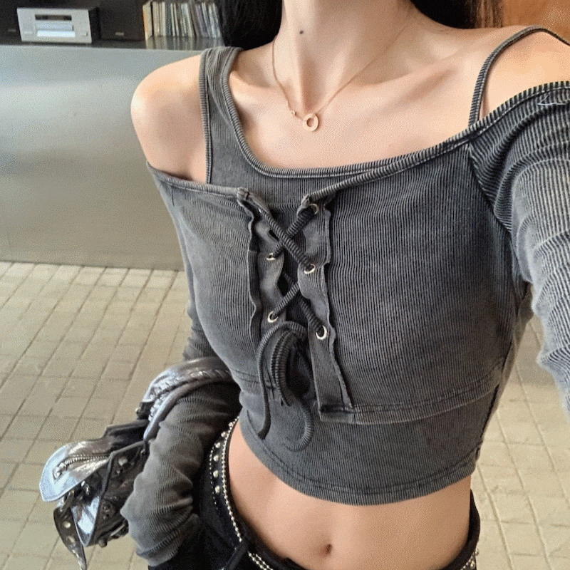 [韓国スタイル] ディノ ブルーブラックジーンズ オフショルダー コルセット T (2color)