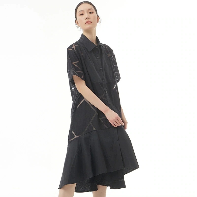 韓国ファッションシャツワンピースロング幾何学模様プリント色合わせワンピース大サイズ肉を隠す着痩せ効果