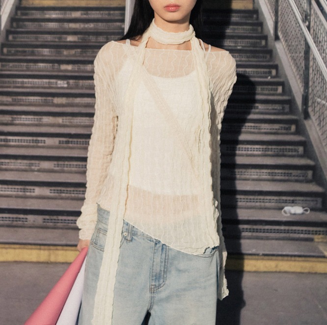 [韓国の人気商品 highschooldisco]Wave Long Sleeve (Scarf Set) Ivory