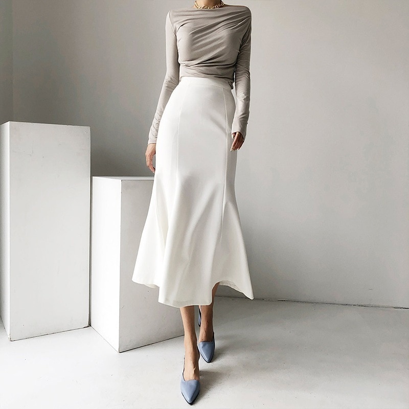 スリムマーメイドスカート 黒 白 スカート エレガント ミドル丈 韓国 レディース オルチャン かわいい きちんと 大人可愛い フォーマル きれいめ シンプル カジュアル 大人 上品