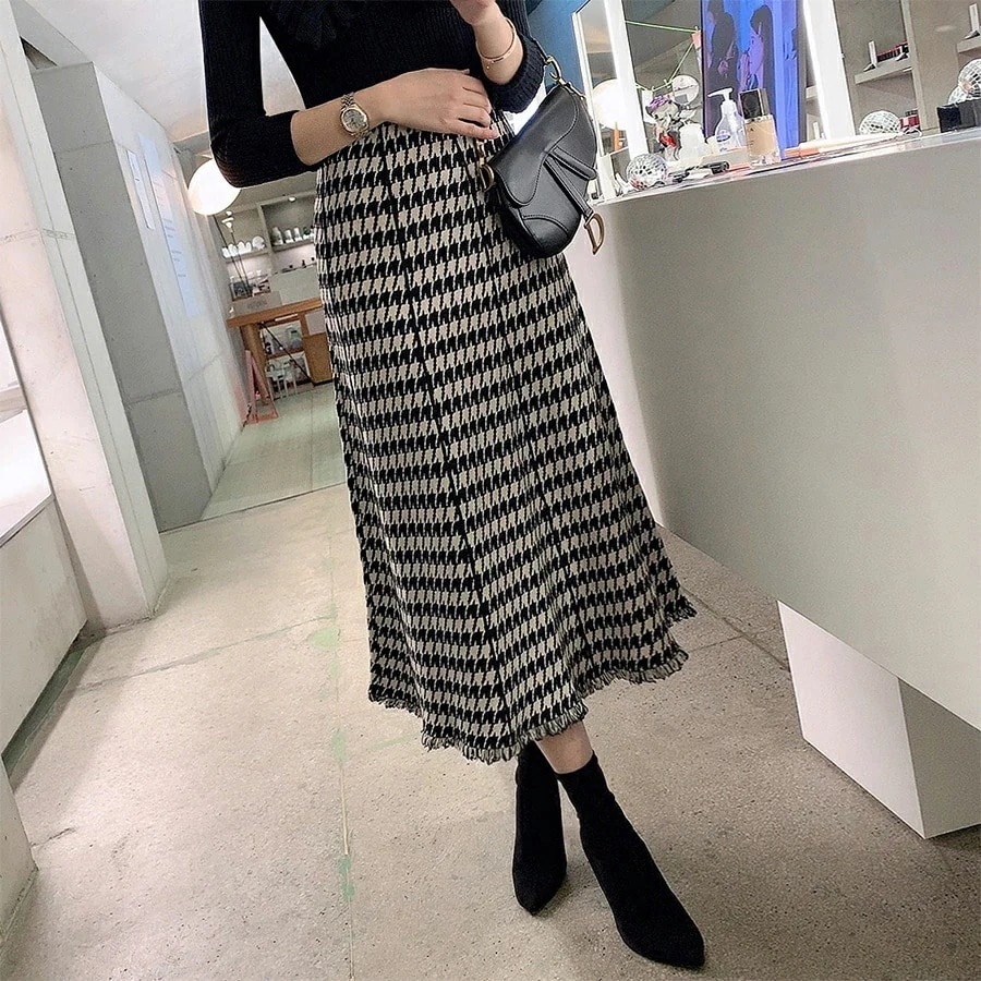 人気レディース sk 韓国ファッション ボトムス ニットスカート ロングスカート ロング丈 フレア Aライン パターン 柄 千鳥柄 チェック 大人 エレガント 高見え カジュアル デート 秋 冬