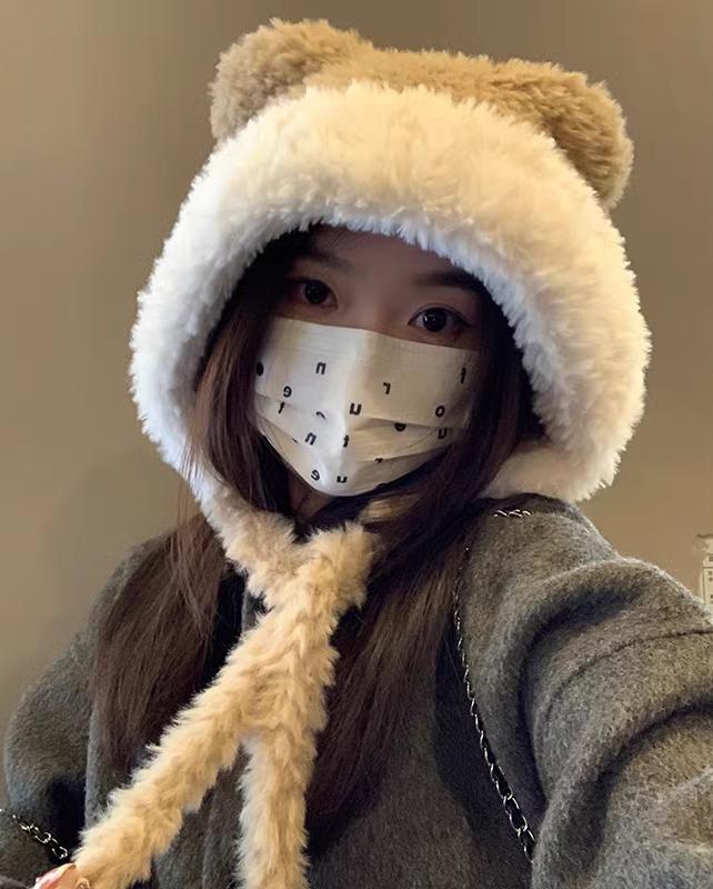 帽子 レディース 秋冬 韓国 ウール 防寒 暖かい 厚手 クマ耳 紐付き つば無し 雷鋒 個性的 カジュアル かわいい 黒 白 茶