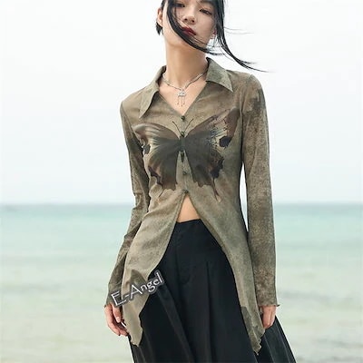 Hot!!!チャイナ風トップス シャツ グリーン レディース 長袖 ラパ袖 蝶柄 緑 vネック poloネック 5,250円