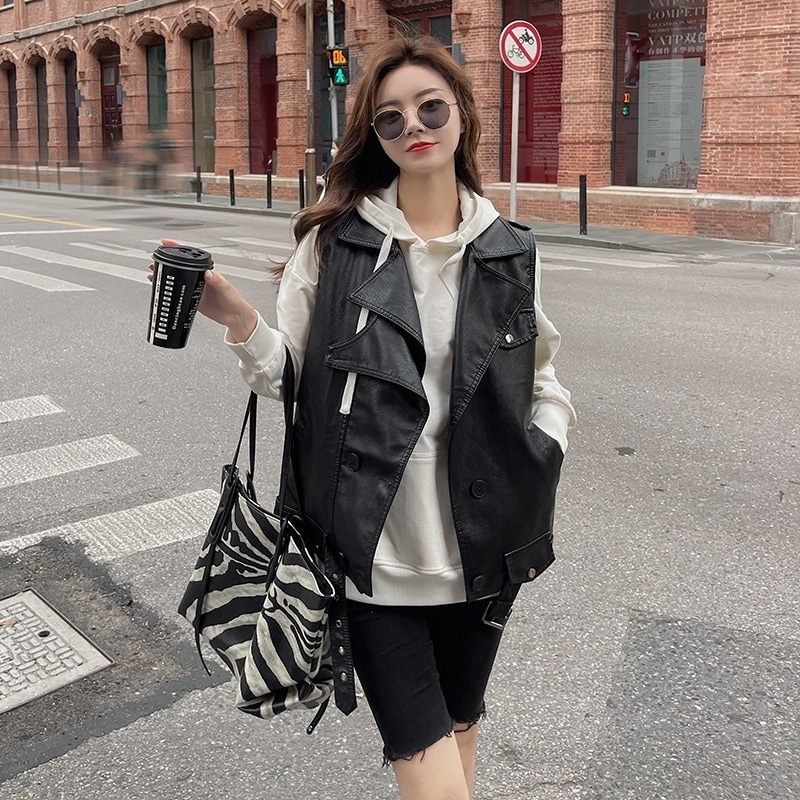 可愛い皮ジャンパーレディースアウター春服韓国ファッションベストショートトップス重ね着風2023人気新作流行り