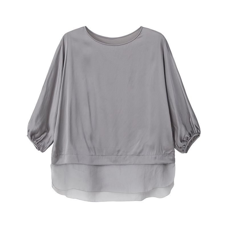 【READ_ME】異素材切替Tシャツグレイッシュグリーンレーヨン混×ポリ切替ゆったり・体型カバーB90403302