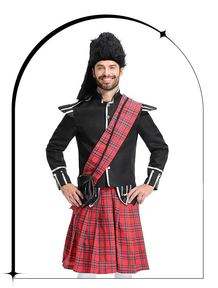 ハロウィン衣装 コスプレ衣装 男性用イギリス近衛兵 英国 スコットランド 儀仗隊 兵士 戦士 ロイヤルガード メンズ 大人 男性用 赤格子 セット コスチューム ゲーム アニメ ハンサム ロールプレイ