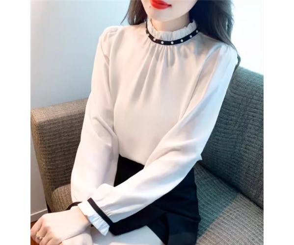 レディース トップス シャツ プルオーバー ミドル丈 長袖 ベルスリーブ スタンドカラー ストレート フェミニン シフォン フリル サテン かわいい 大人可愛い きれいめ シンプル 上品 おしゃれ