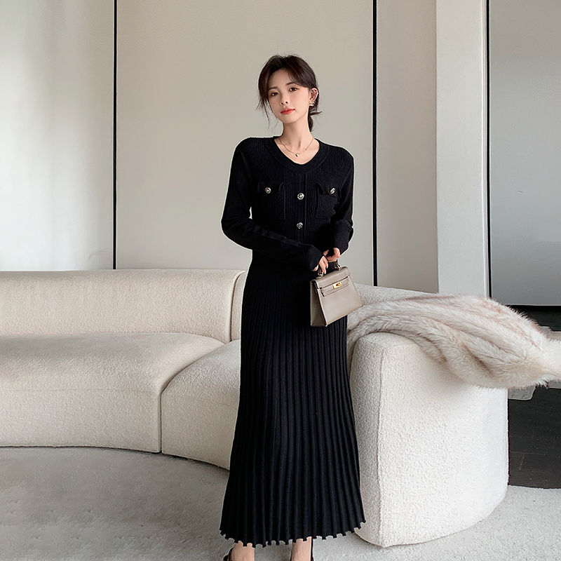 ワンピースレディース ニットワンピース ワンピース ブラックパッチワークプリーツロングニットワンピース レディースファッション ドレス ロングワンピース スタイリッシュインナーワンピース 7,346円