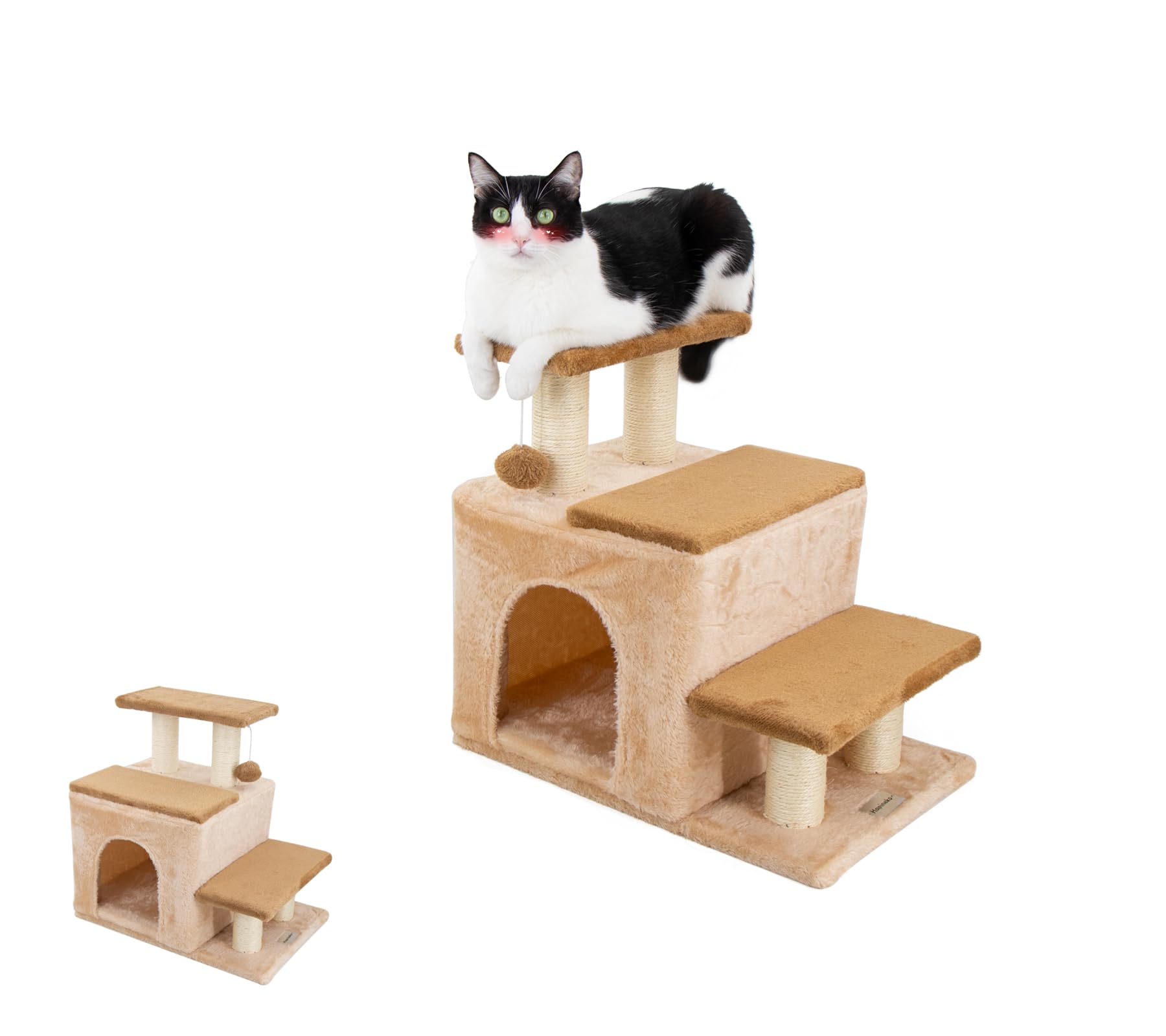 Hapineko（ハピネコ）3in1 キャットタワー ミニ 猫 犬 ステップ 段階 ハウス 爪とぎポール ボール スタイル調整可能 シニア猫/子猫/小型犬対応 ジャンプの苦手な猫ちゃん 密度UP30%