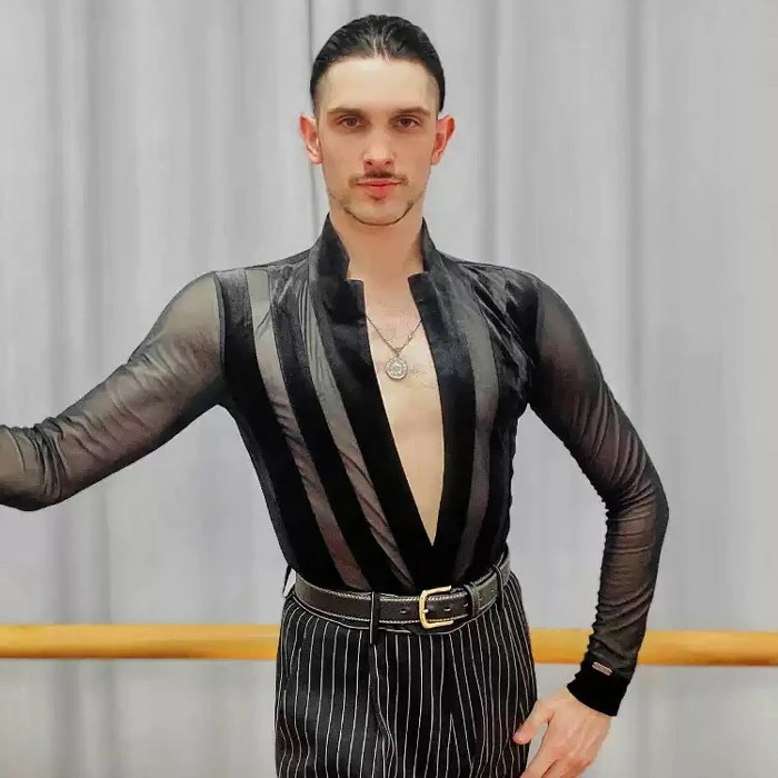 破格値社交ダンス衣装 男性 ラテンダンス フラメンコ ダンスウェア シャツ トップス 社交ダンス メンズ セクシー 透け感 ラテン チャチャチャ ルンバ 競技用 コンクール レッスン着 ステージ 黒