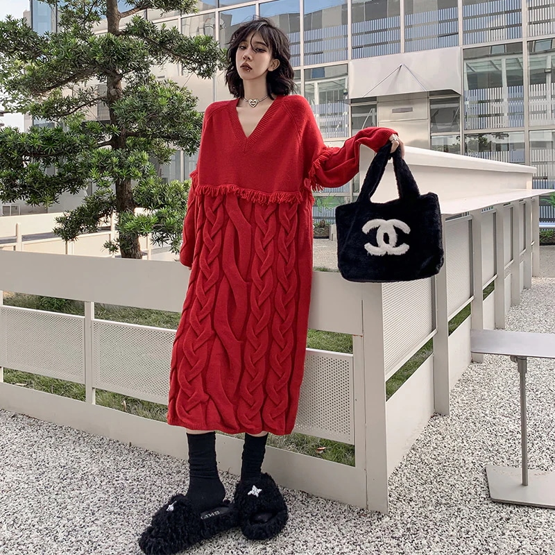 新色入荷ヨーロッパ駅洋気vネック麻花編みセータースカート女性秋冬厚ロングワンピース 大きいサイズ ニットワンピース