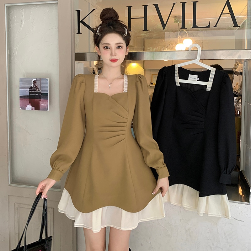 【送料無料】レディース パフスリーブ ワンピース ドレス ミニワンピース レイヤード風 ドレープ スクエアネック お呼ばれ パーティー 大きいサイズ 大人可愛い ママコーデ ママファッション