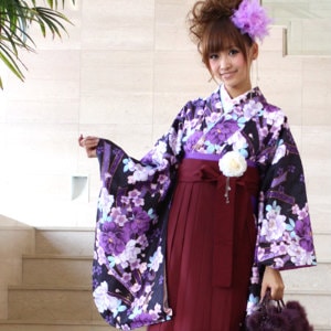 レンタル卒業式 袴 レンタル 女 袴セット 女 卒業式袴セット2尺袖着物＆袴 フルセットレンタル 安い 濃紫地に紫の八重桜 梅 小花 熨斗