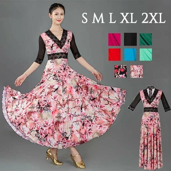 社交ダンスドレス ダンス衣装 ドレス 衣装 社交ダンス衣装 スタンダードドレス ワルツ タンゴ モダン Vネック 7分袖 レース 透け感 シアー 競技ダンス 花柄 スタイリッシュ ダンスウェア レッス