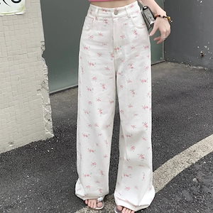 70PCS デニムパンツ 花柄 ピンク ワイド ハイウエスト 白 レディース 脚長効果 美脚 細見え カジュアル 韓国ファッション