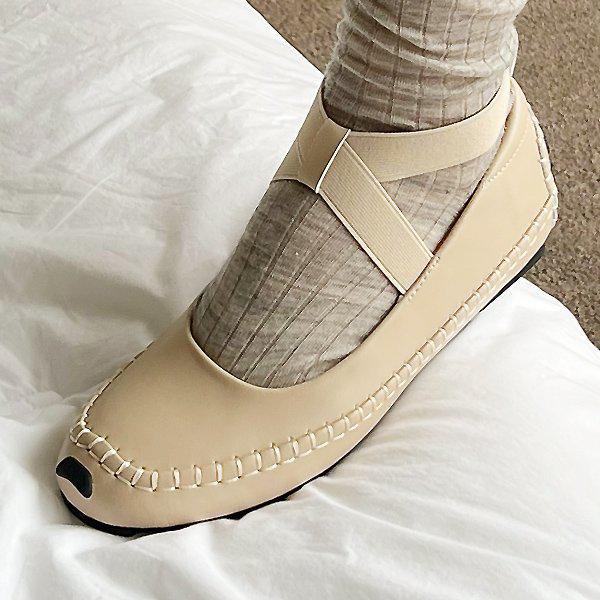 [シューズ] レザーXバンド 女性 レディース ローファー フラットシューズ パンプス スリッポン 2cm sy0424