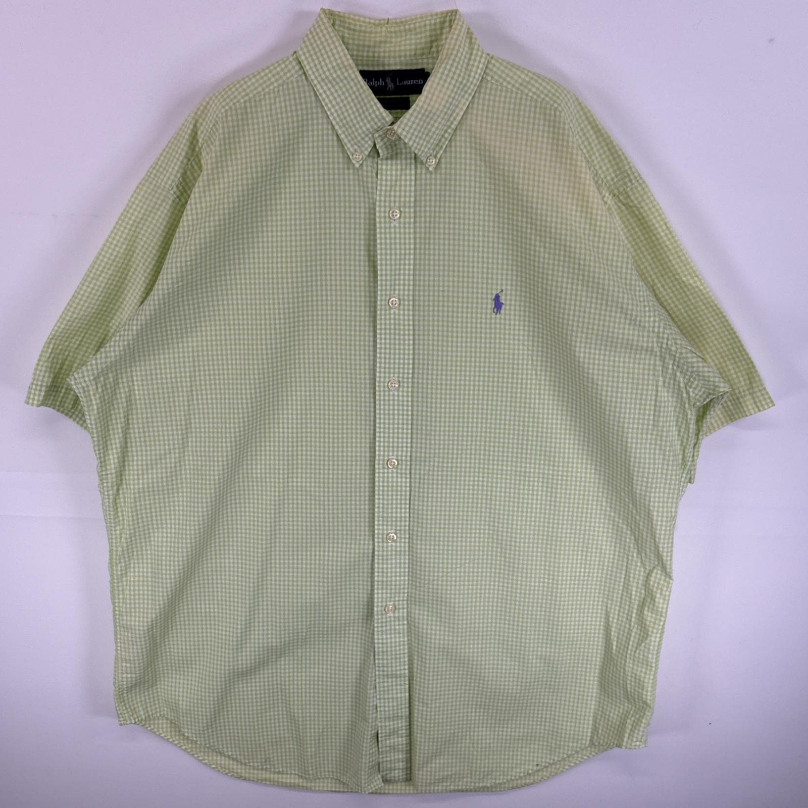 古着 90s/90年代 半袖シャツ ワンポイント ロゴ 刺繍 ボタンダウンシャツ BLAKE L グリーン系 チェック メンズ
