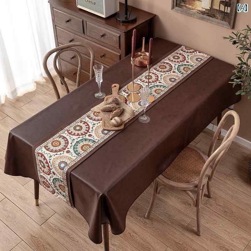 テーブルクロス レトロ 汚れ防止 机カバー 防水 耐油 お手入れ簡単 布 雑貨 キッチン ダイニング リビング おしゃれ エスニック 幾何学模様 長方形 白 茶